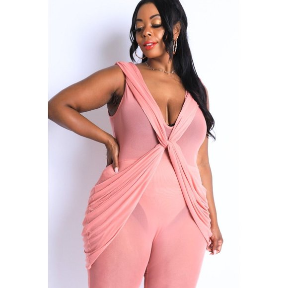 Women's Plus Size Jumpsuit Sleeveless Lightweight Draped Mesh Jumpsuit - Picture 6 of 7
